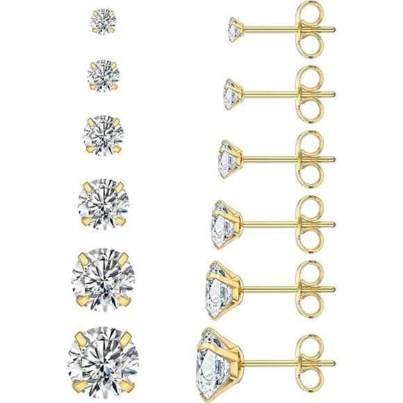 6 Pairs CZ Stud Earrings Set Hypoallergenic Stainless Steel 3mm to 8mm - Picture 7 of 7